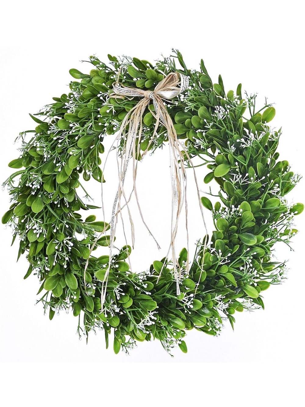 16in Green Plastic Boxwood Wreath with Natural Bow - Day to Day Home or Holiday
